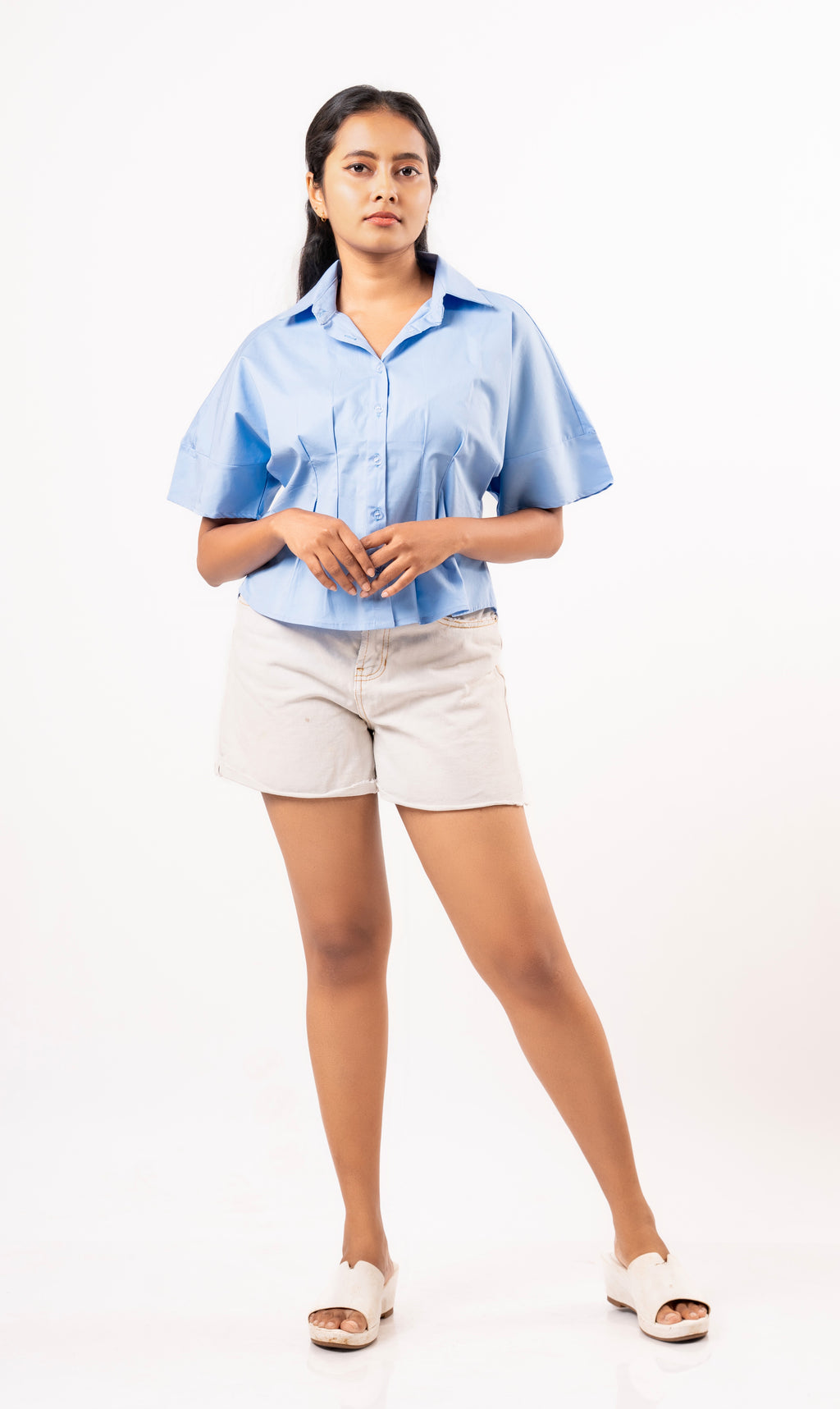 Cotton Pleated Blue Top