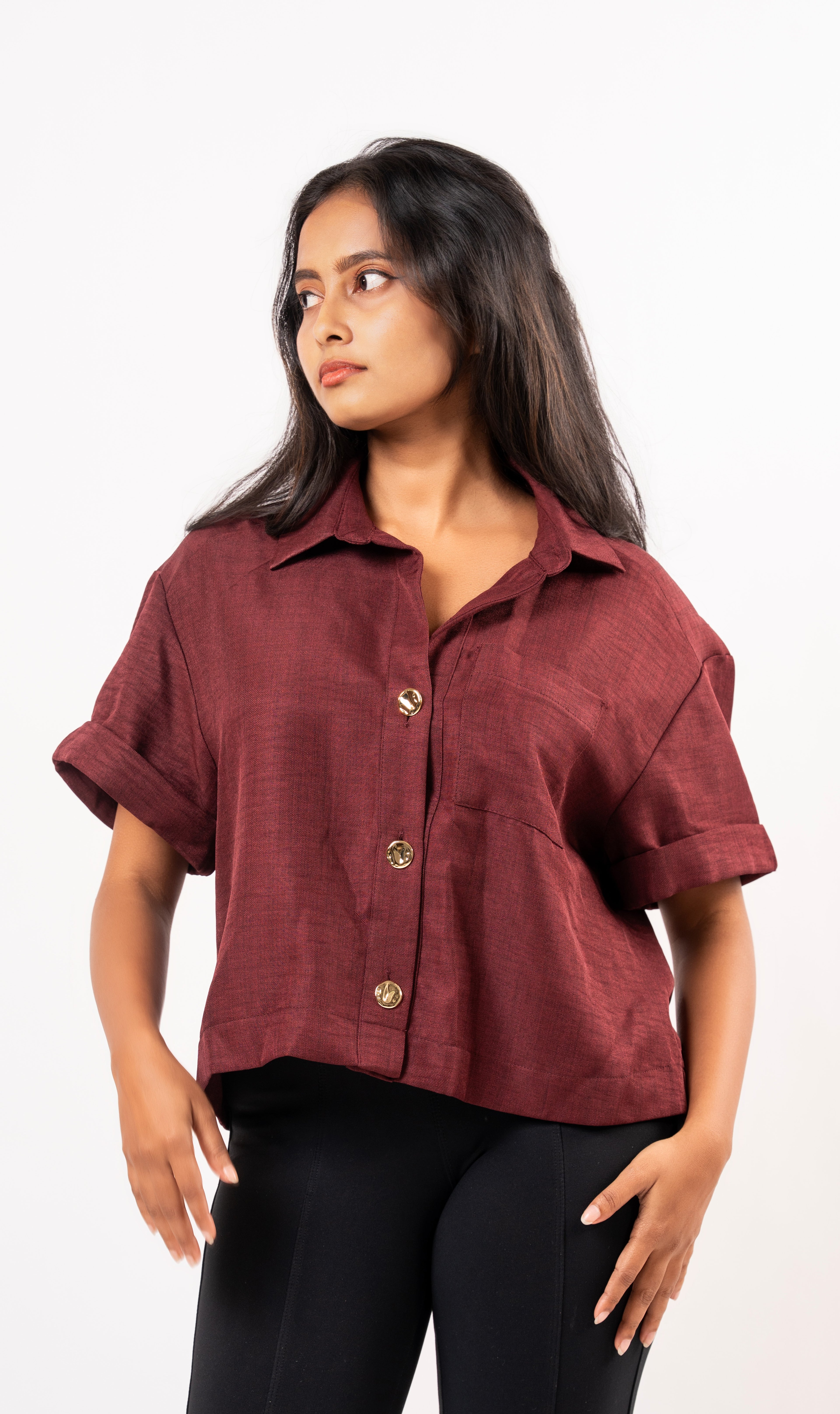 Maroon Breeze Button Top
