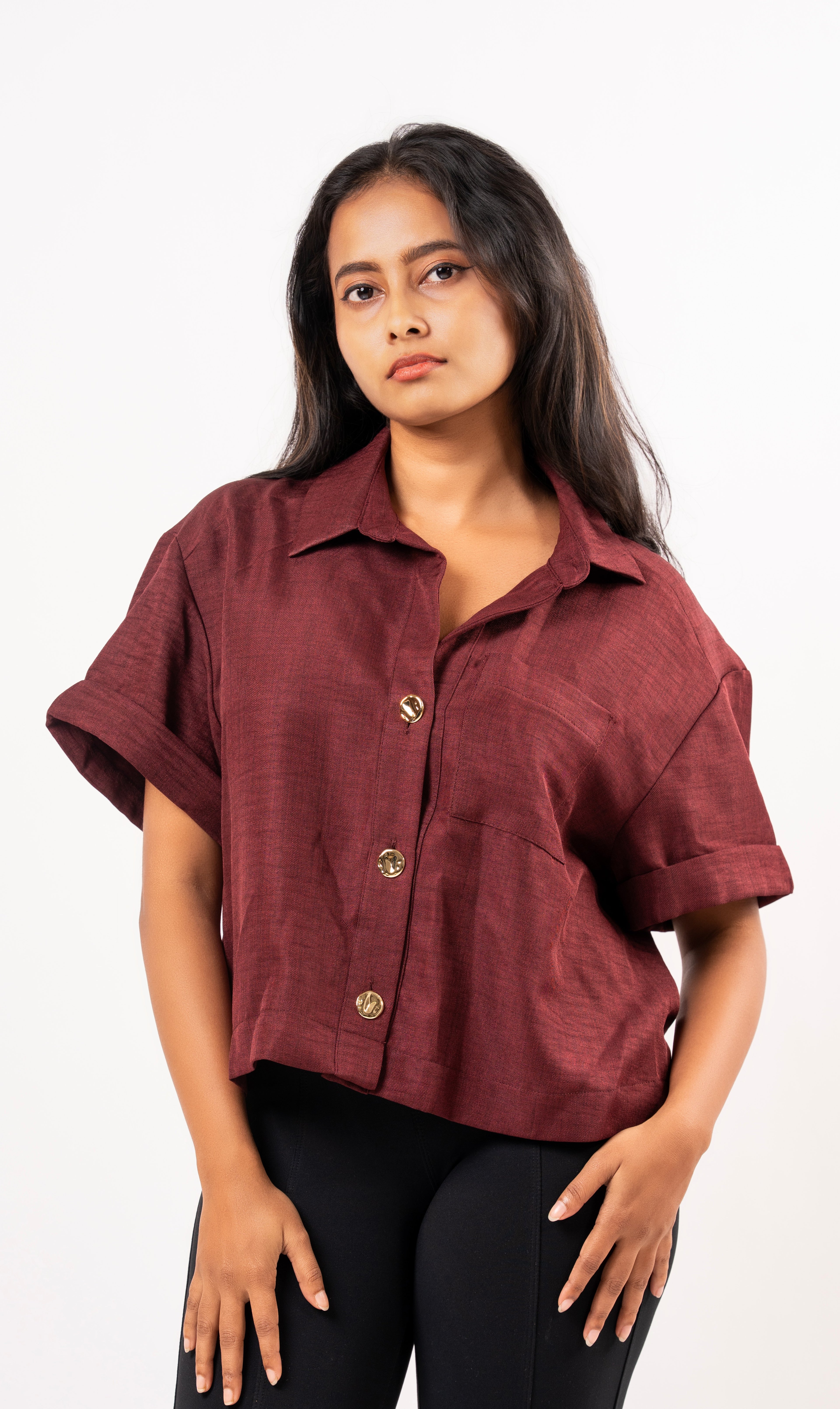 Maroon Breeze Button Top